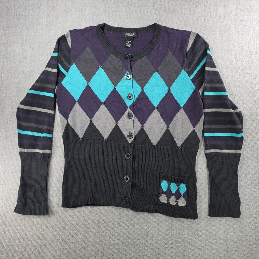 Peck & Peck Cardigan Sweater Womens Medium Multi Argyle Striped Cotton Button Up